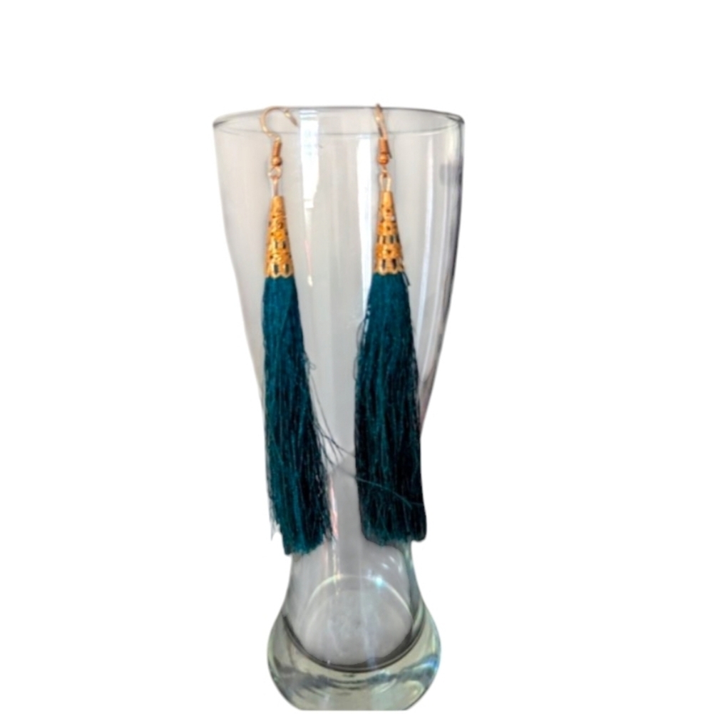 Elegant Gold and Green Tassel Earrings 5"